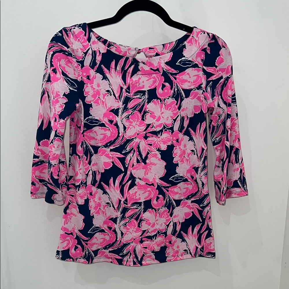 Lilly Pulitzer Pink and Dark Navy Fitted Blouse Inky Navy Flamingo Waverly Top